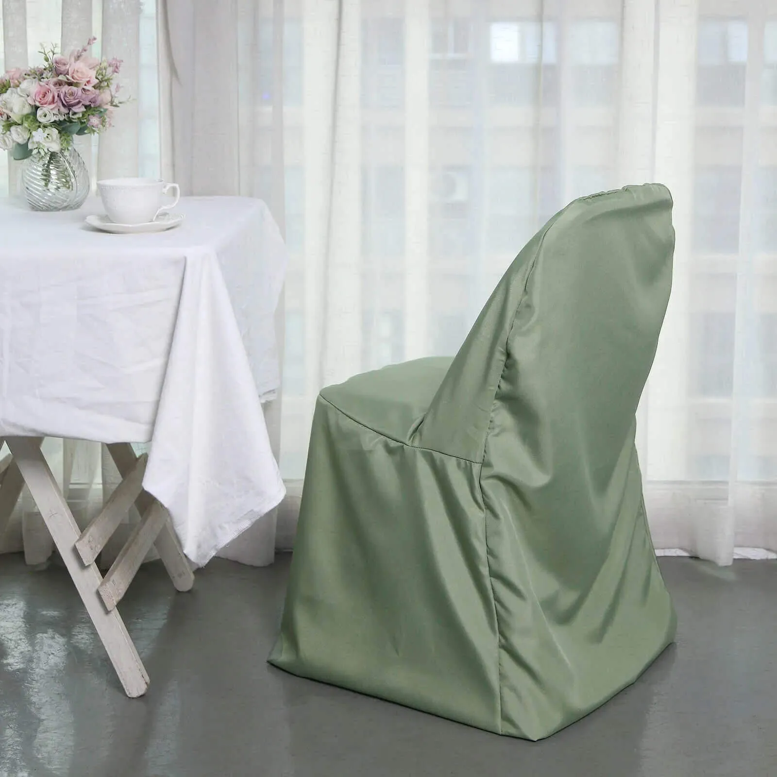 10 Pack Dusty Sage Green Polyester Folding Chair Covers, Reusable Stain Resistant Slip On Chair Covers