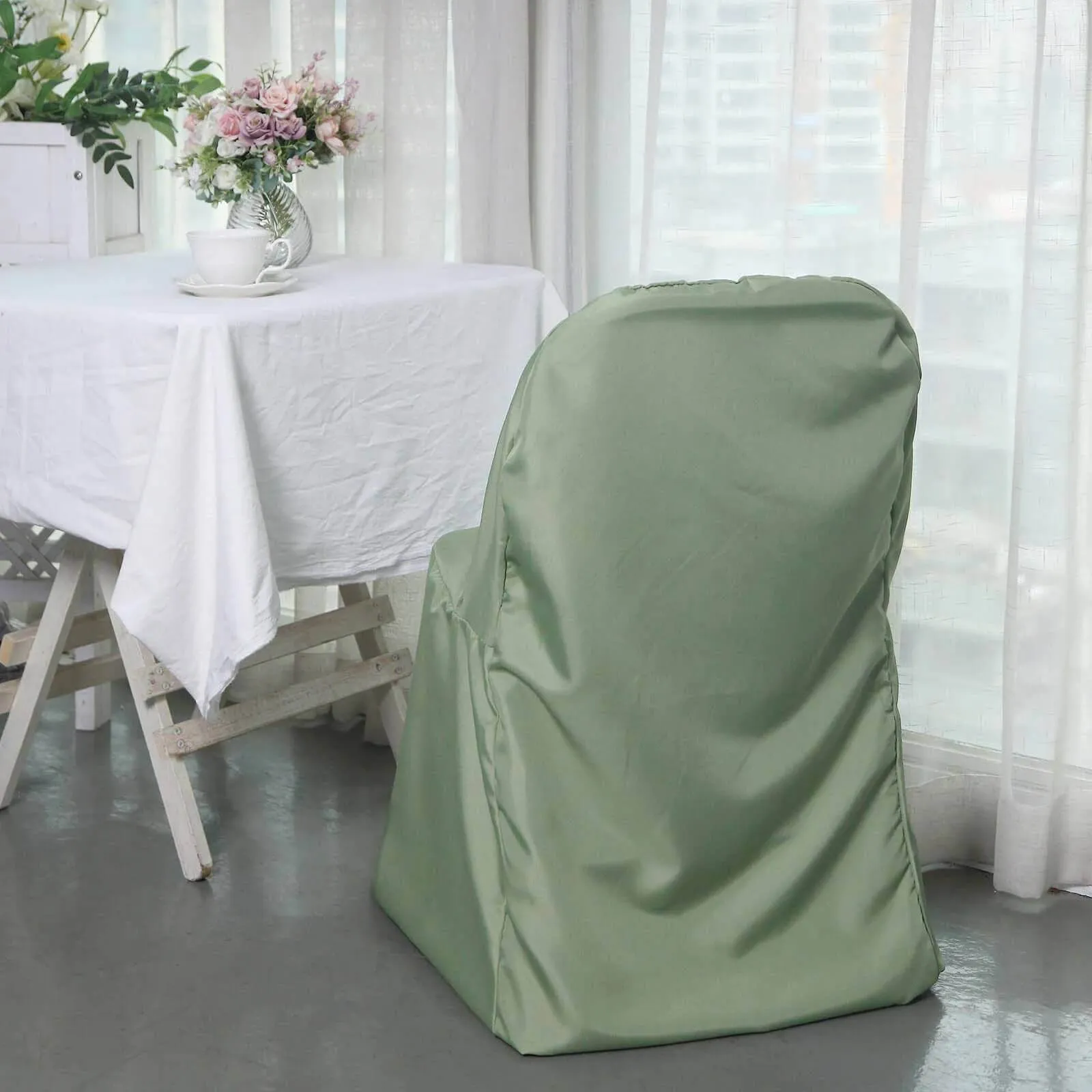 10 Pack Dusty Sage Green Polyester Folding Chair Covers, Reusable Stain Resistant Slip On Chair Covers