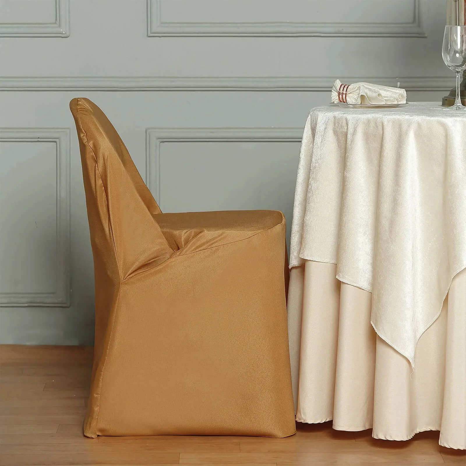 10 Pack Gold Polyester Folding Chair Covers, Reusable Stain Resistant Slip On Chair Covers