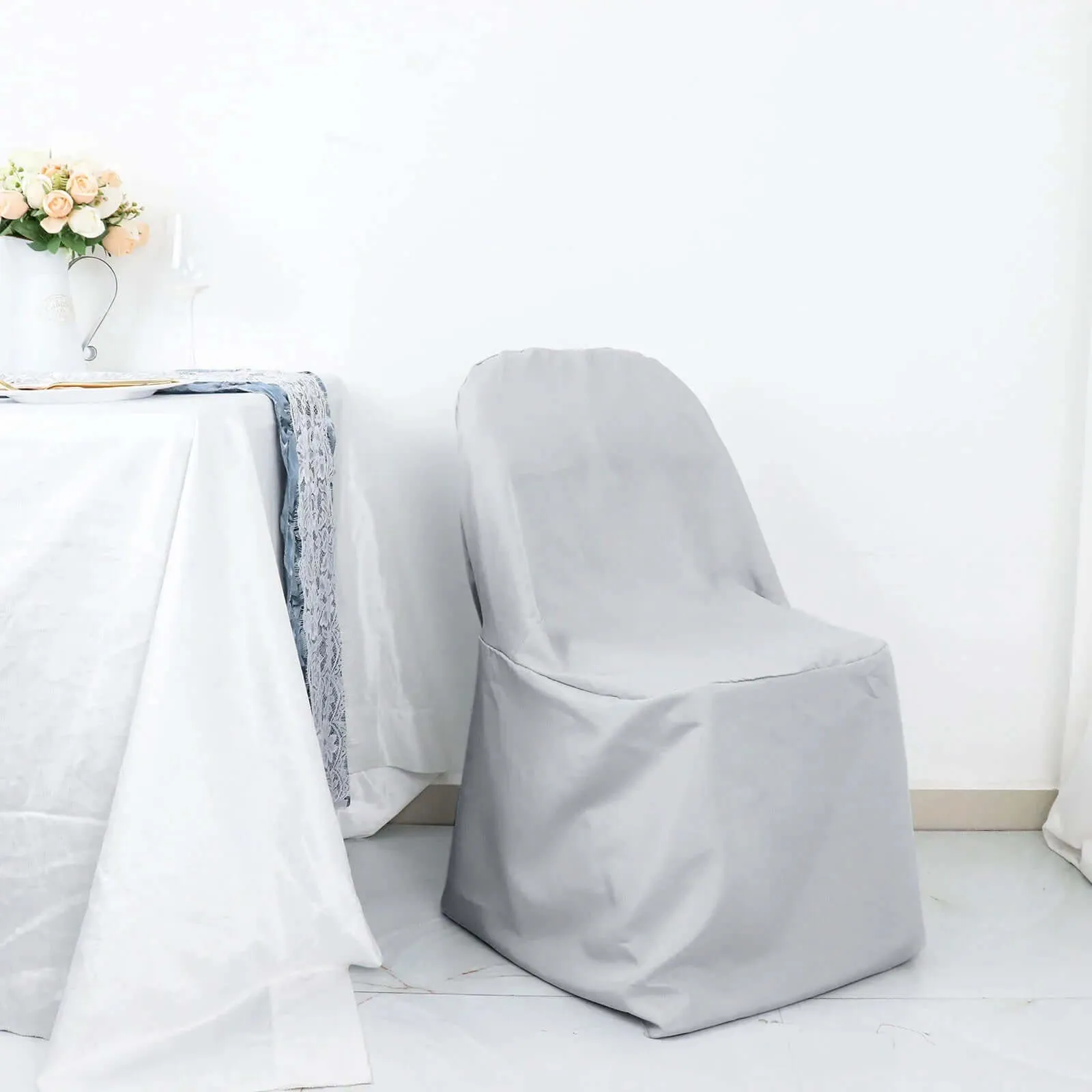 10 Pack Silver Polyester Folding Chair Covers, Reusable Stain Resistant Slip On Chair Covers