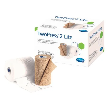 2 Layer Compression Bandage System with Visible Indicators TwoPress® 2 Lite 4 Inch X 7.1 Yard / 4 Inch X 8.9 Yard Self-Adherent Closure Tan / White NonSterile Standard Compression - Hartmann  Mfr# 332021