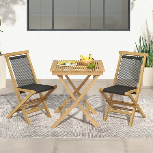 2 Piece Indonesia Teak Patio Folding Chairs with Woven Rope Seat and Back for Porch Backyard Poolside