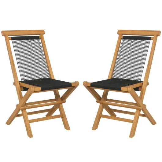 2 Piece Indonesia Teak Patio Folding Chairs with Woven Rope Seat and Back for Porch Backyard Poolside