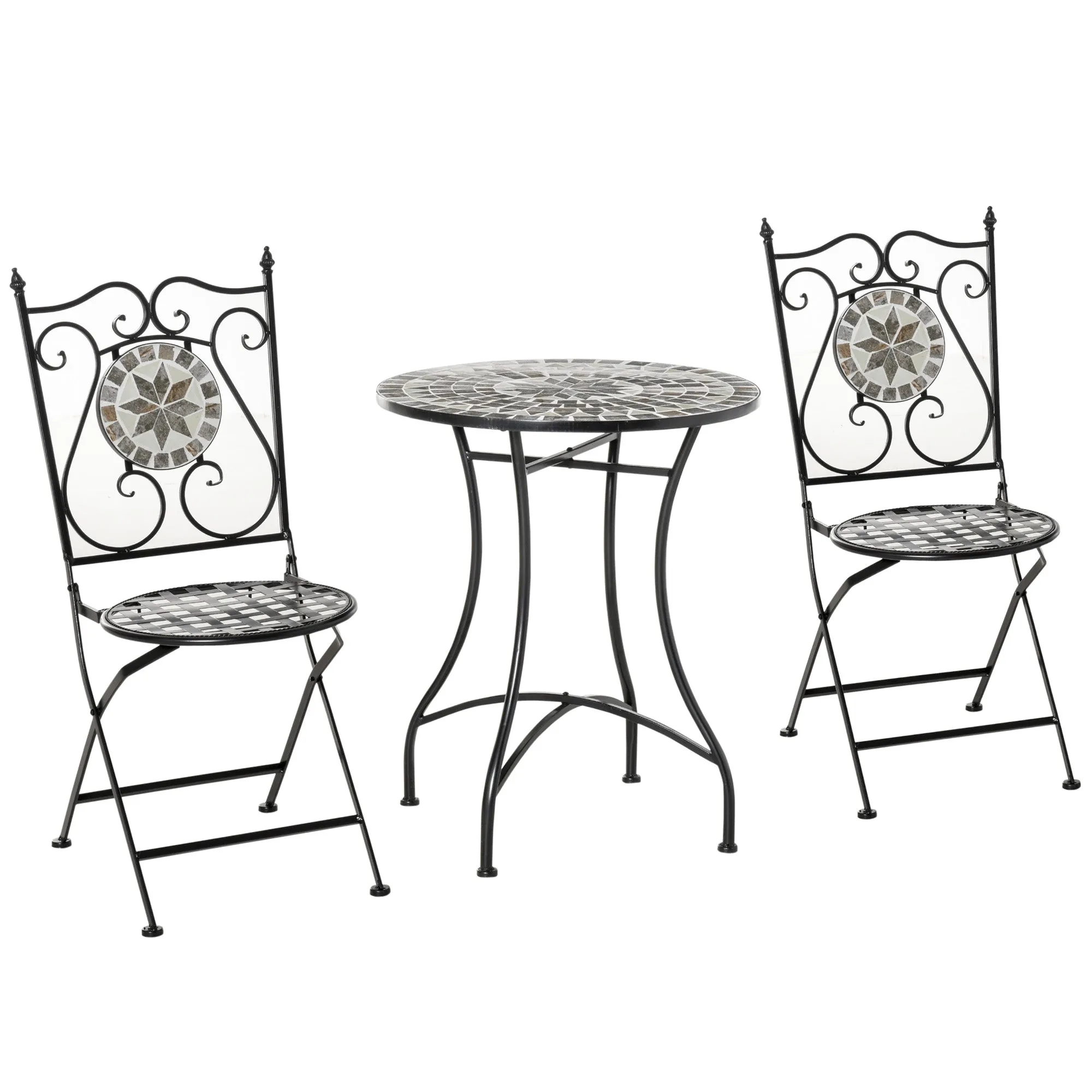 3 Pcs Mosaic Tile Garden Bistro Set Outdoor Seating w/ Table 2 Folding Chairs Set Metal Frame Elegant Scrolling Indoor Patio Balcony