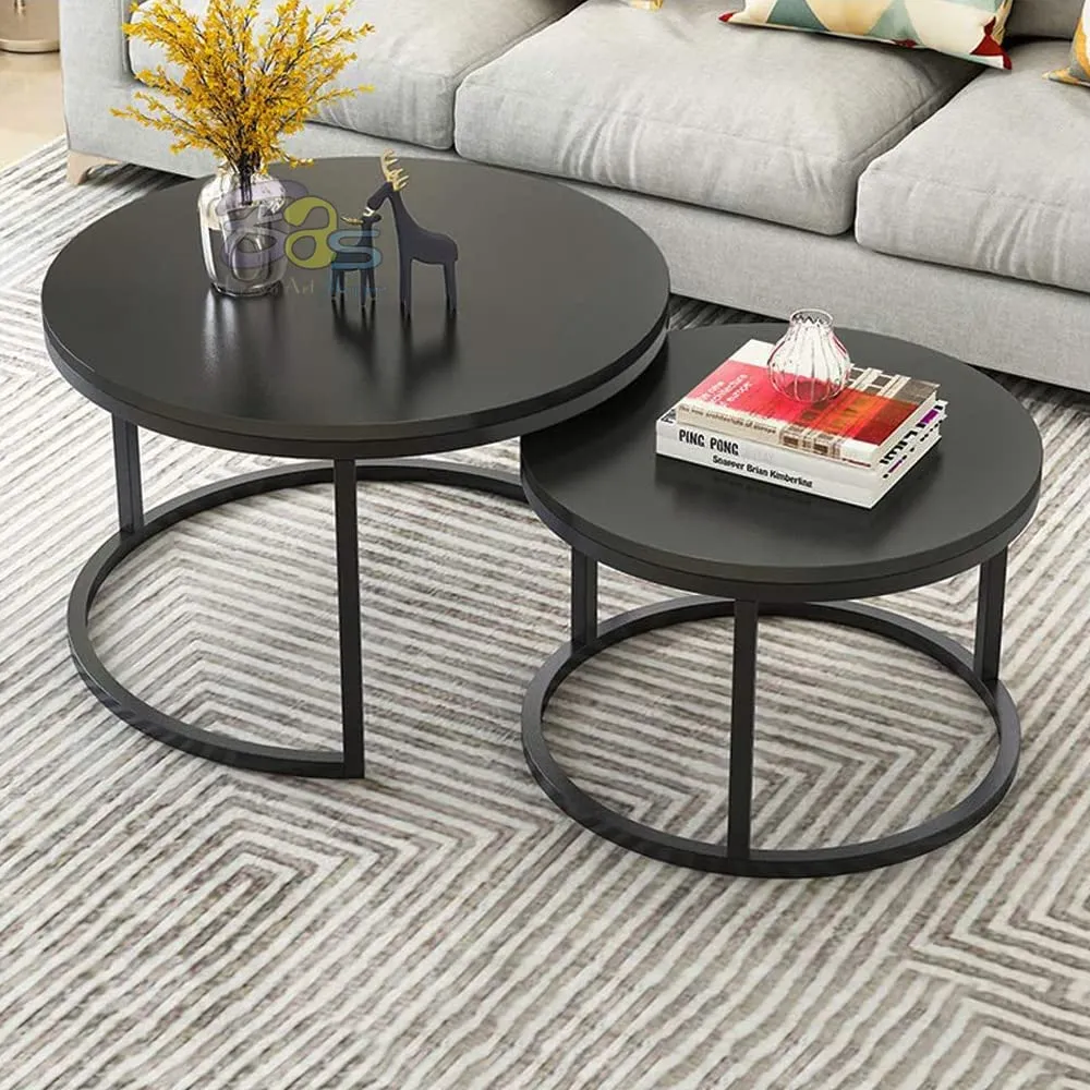 BROWN ART SHOPPEE Home Décor Furniture Round Side Coffee Table Sets,2 Piece MDF Top Couch Table,Stacking Nesting Table with Iron Frame for Living Room Living Room or Lounge (Black)