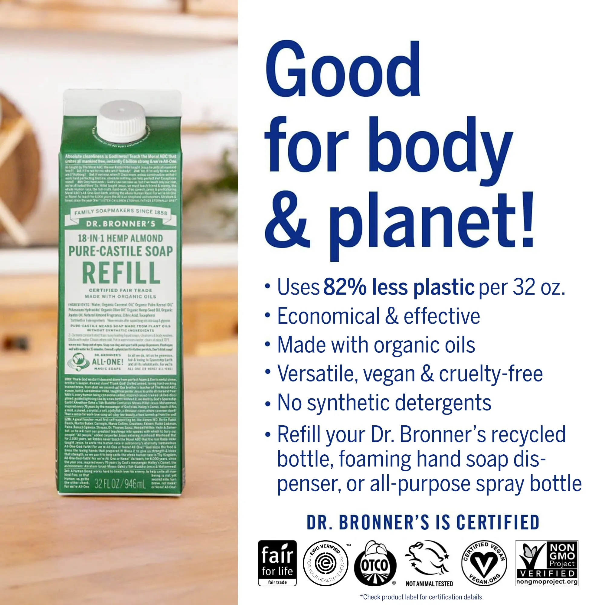 Dr. Bronner’s: Baby Pure-Castile Liquid Soap & Refill Carton – 32 oz, Made with Regenerative Organic Oils