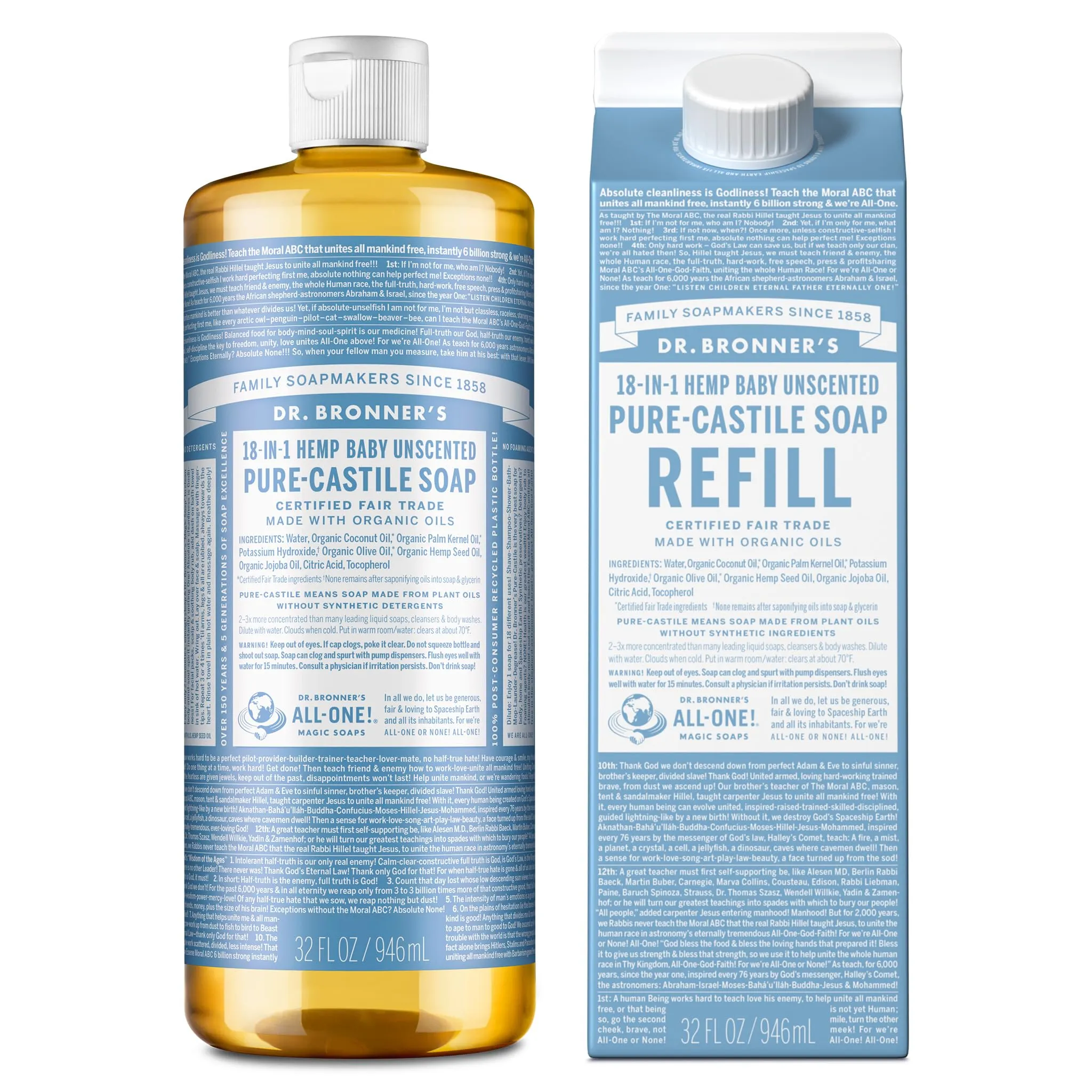 Dr. Bronner’s: Baby Pure-Castile Liquid Soap & Refill Carton – 32 oz, Made with Regenerative Organic Oils