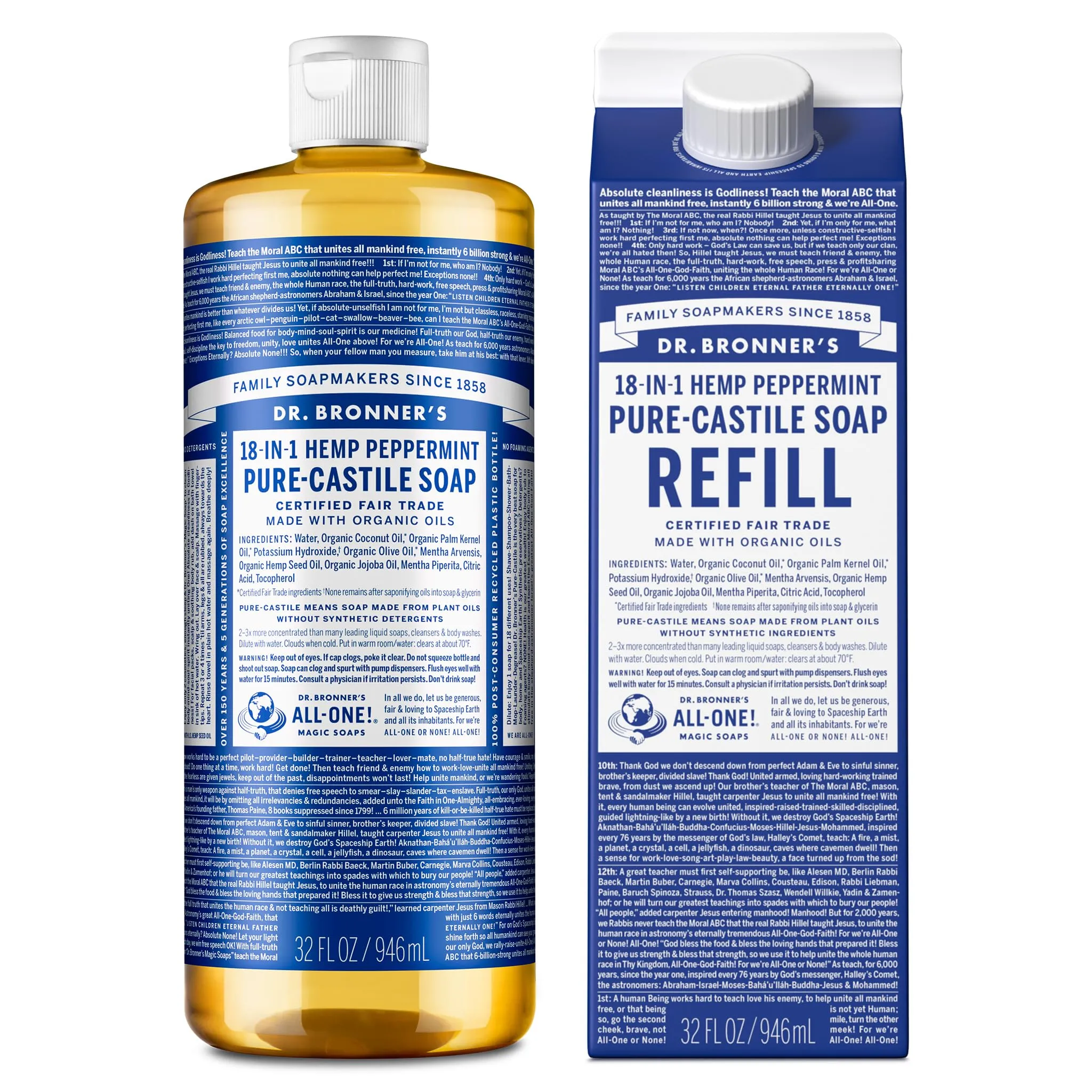 Dr. Bronner’s: Baby Pure-Castile Liquid Soap & Refill Carton – 32 oz, Made with Regenerative Organic Oils