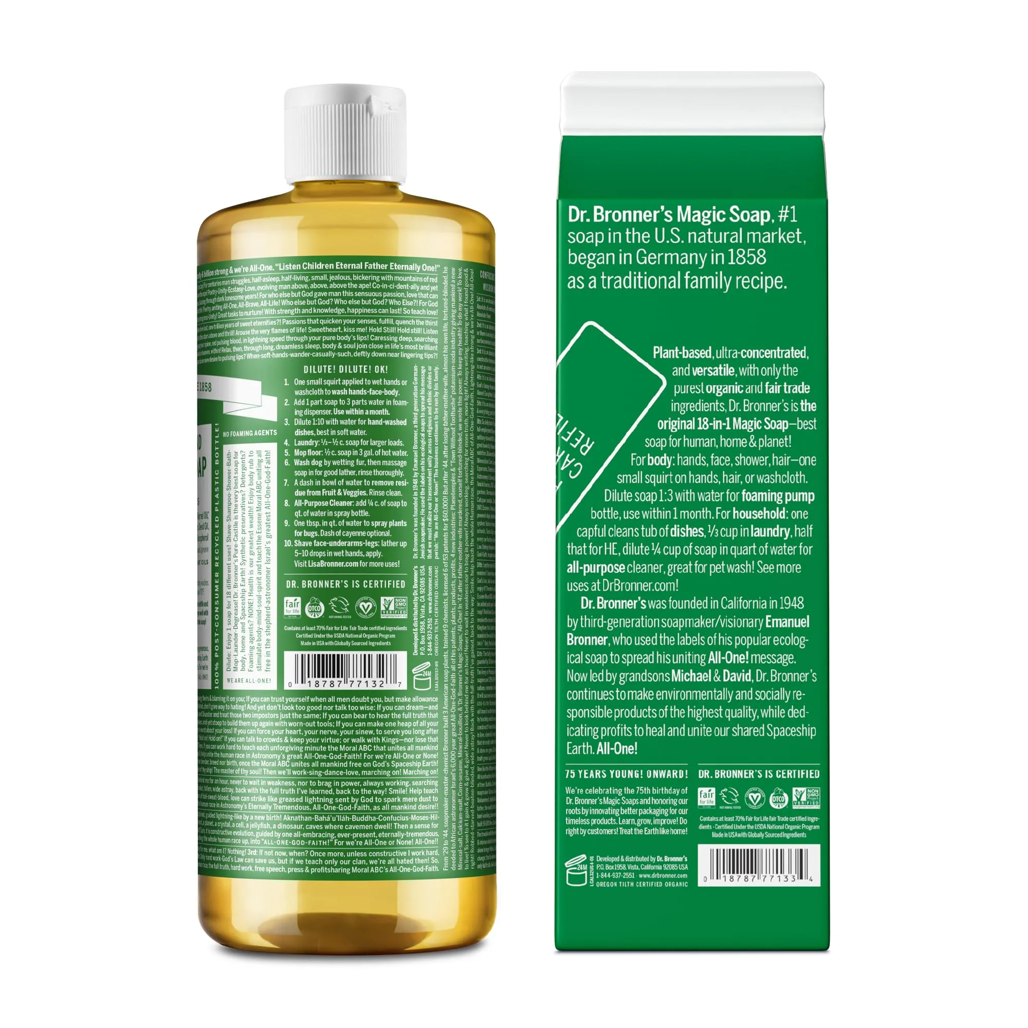 Dr. Bronner’s: Baby Pure-Castile Liquid Soap & Refill Carton – 32 oz, Made with Regenerative Organic Oils