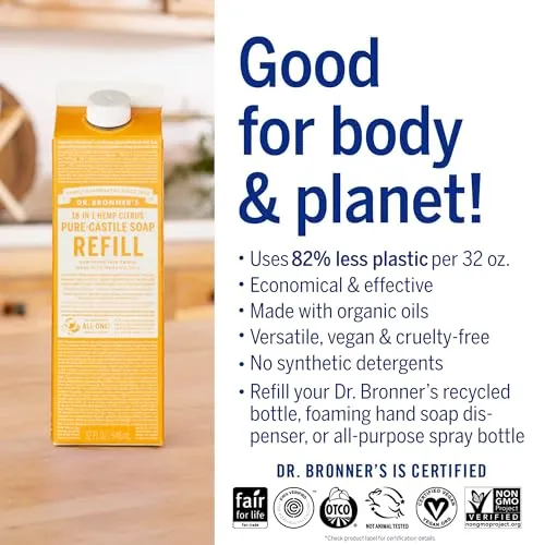 Dr. Bronner’s: Baby Pure-Castile Liquid Soap & Refill Carton – 32 oz, Made with Regenerative Organic Oils