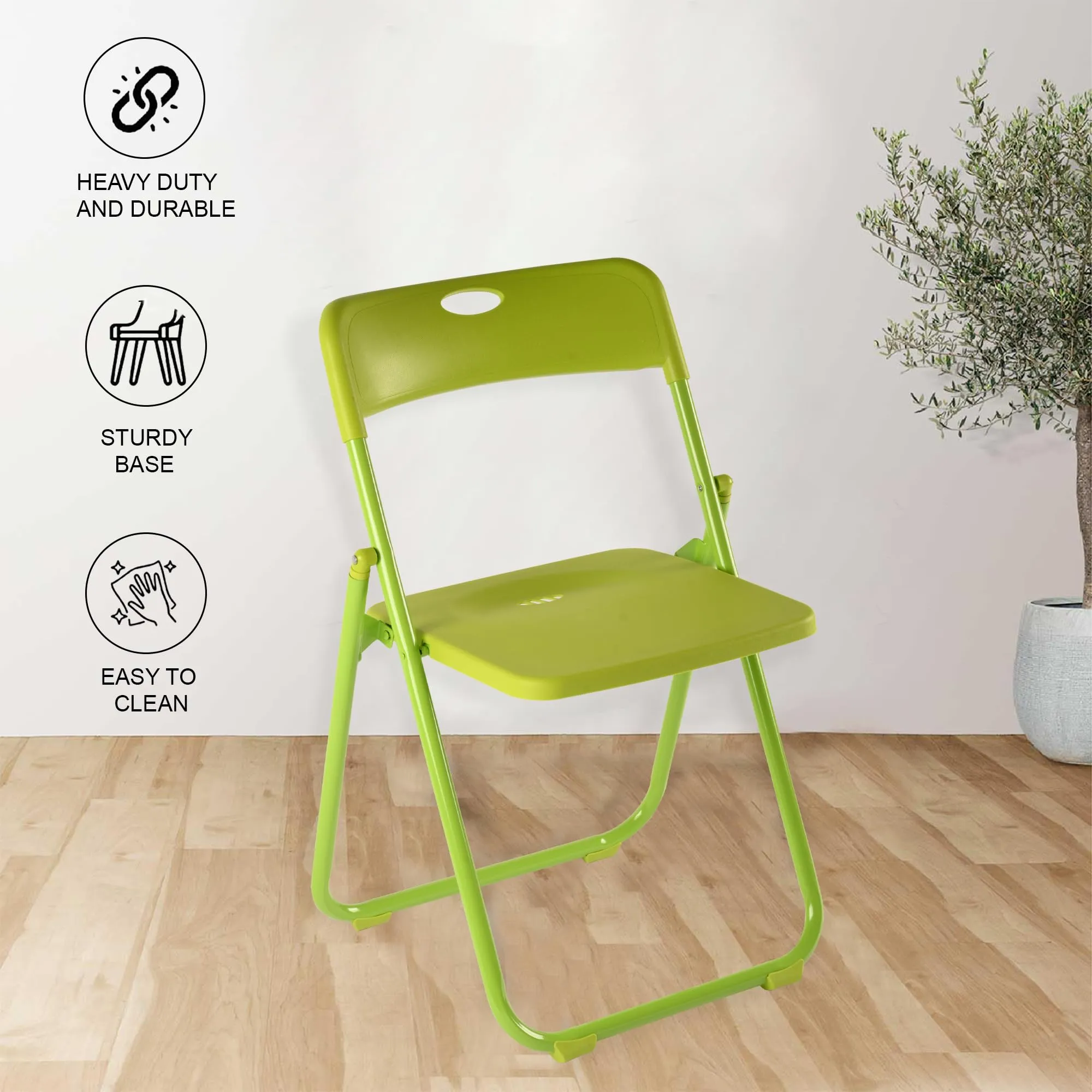 Homestic Folding Chair for Home | Iron Frame & PP Plastic Seat | Lightweight, Portable, Balcony, Garden, Camping Chair | Anti Slip Legs | Indoor Outdoor Chair | Green | 44 * 42 * 75cm