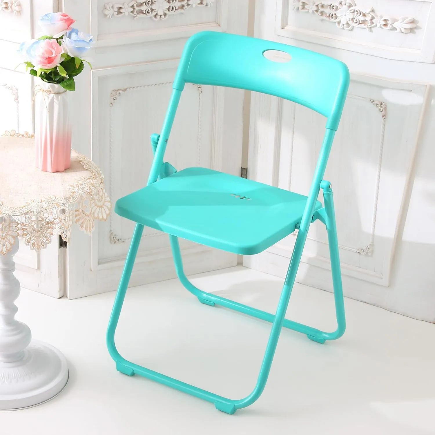 Homestic Folding Chair for Home | Iron Frame & PP Plastic Seat | Lightweight, Portable, Balcony, Garden, Camping Chair | Anti Slip Legs | Indoor Outdoor Chair | Lake Blue | 44 * 42 * 75cm