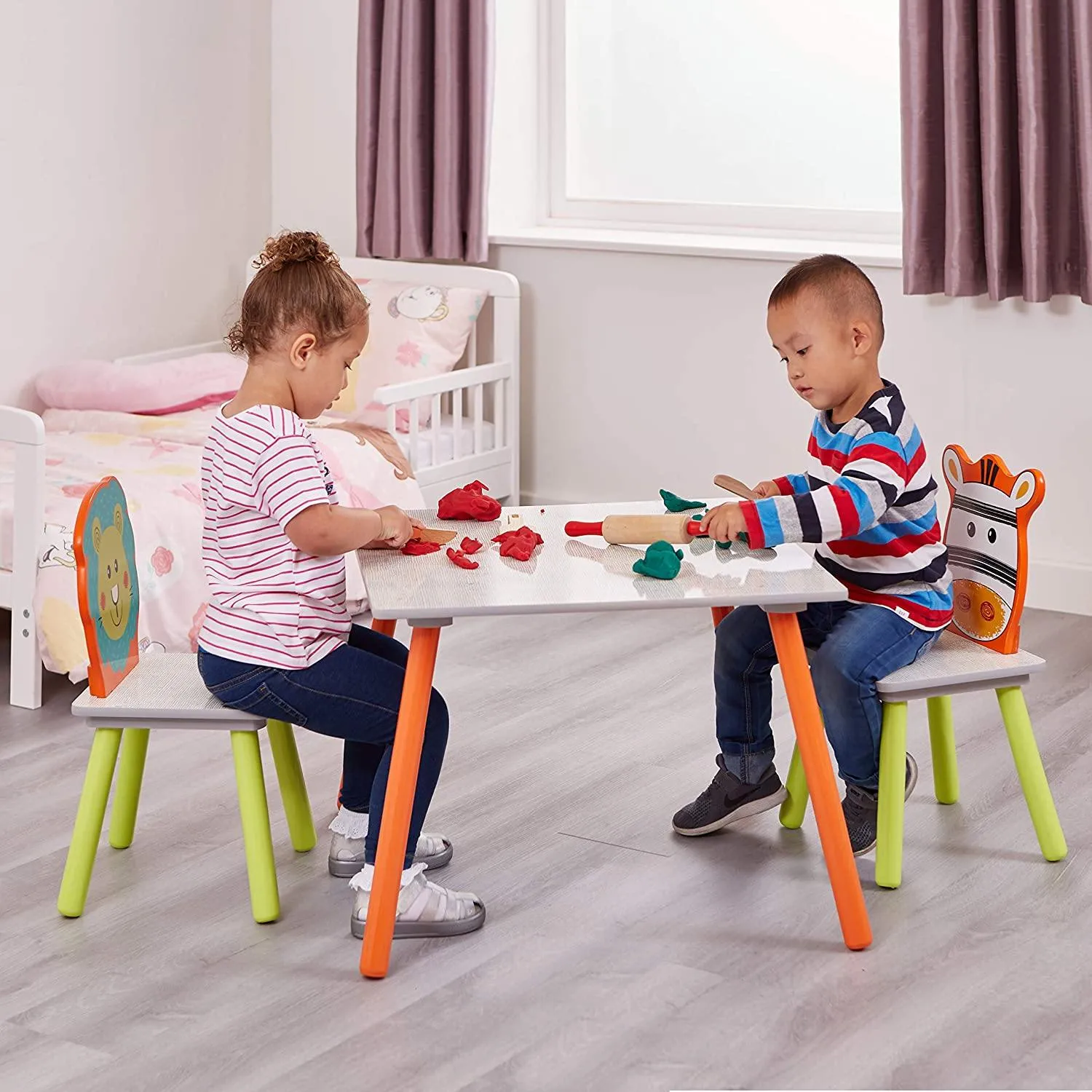 Lion & Zebra Grey Table & 2 Chair Set