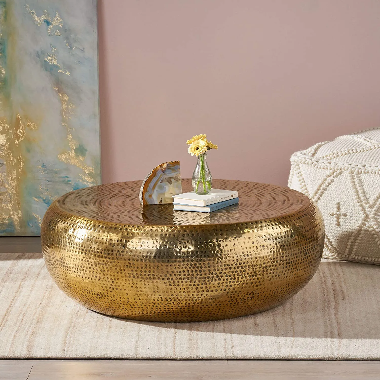 Modern Round Hammered Metal Antique Gold Coffee Table