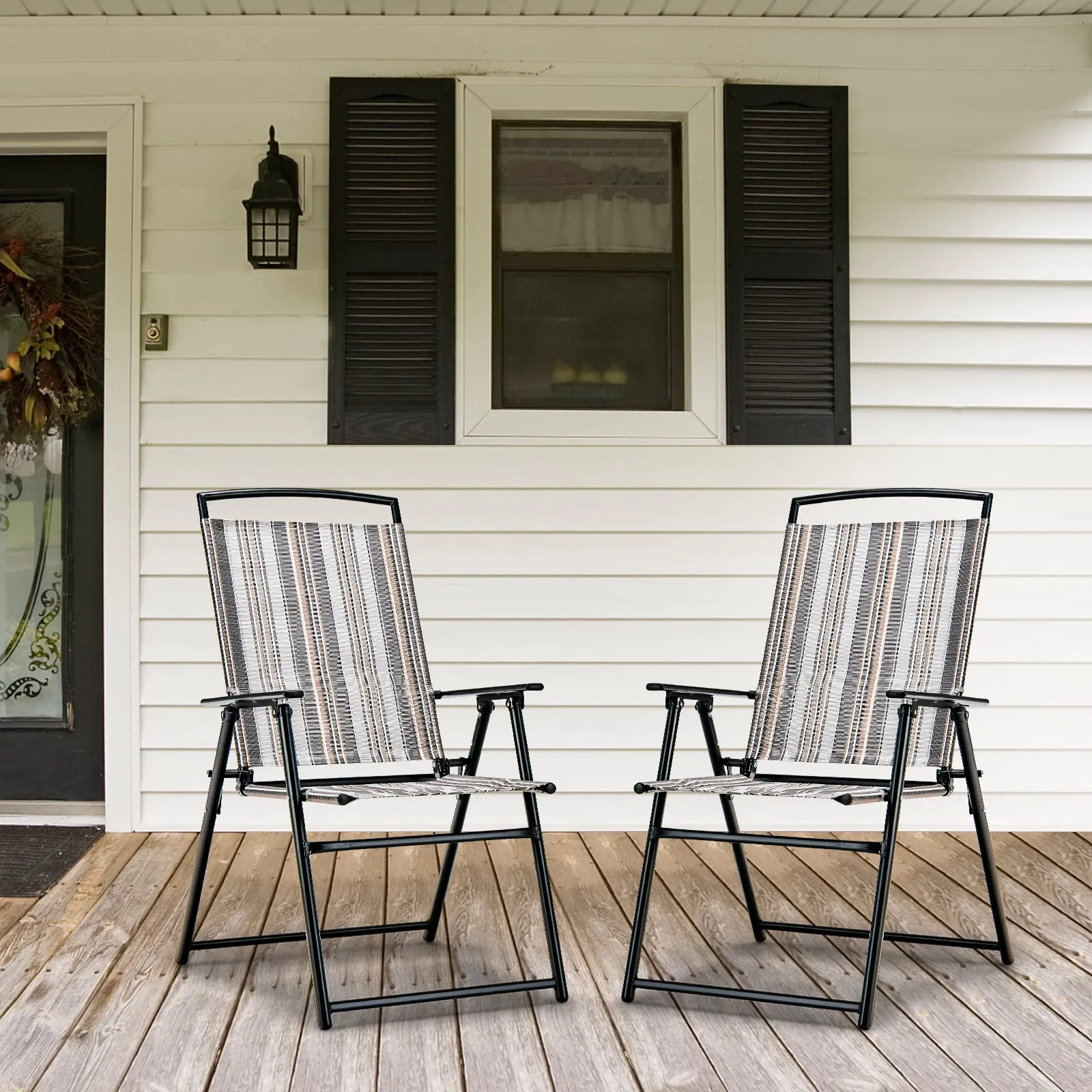 Tangkula Patio Folding Chairs Set of 2, Portable Sling Lawn Chairs with Metal Frame