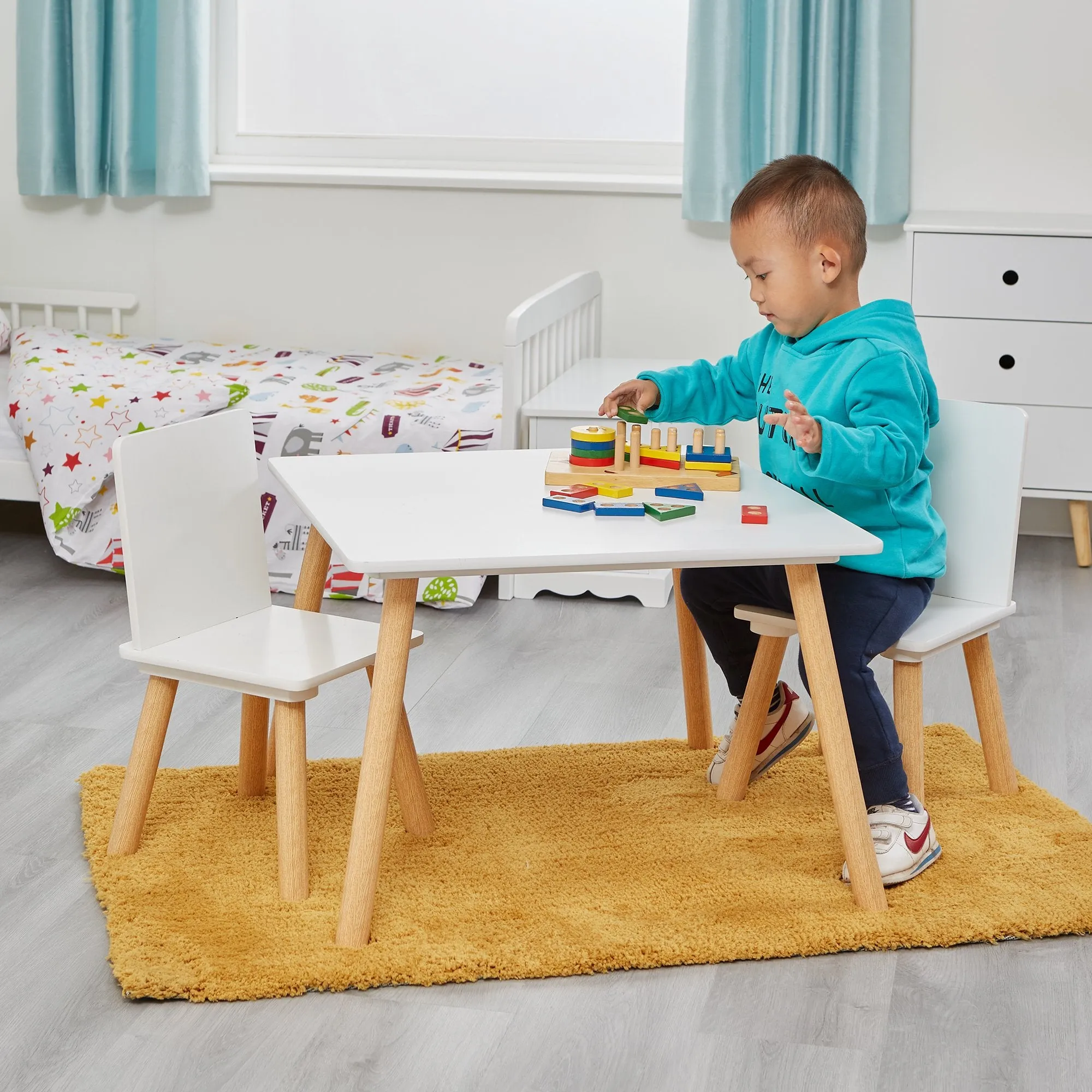 White & Pinewood Table & Chairs