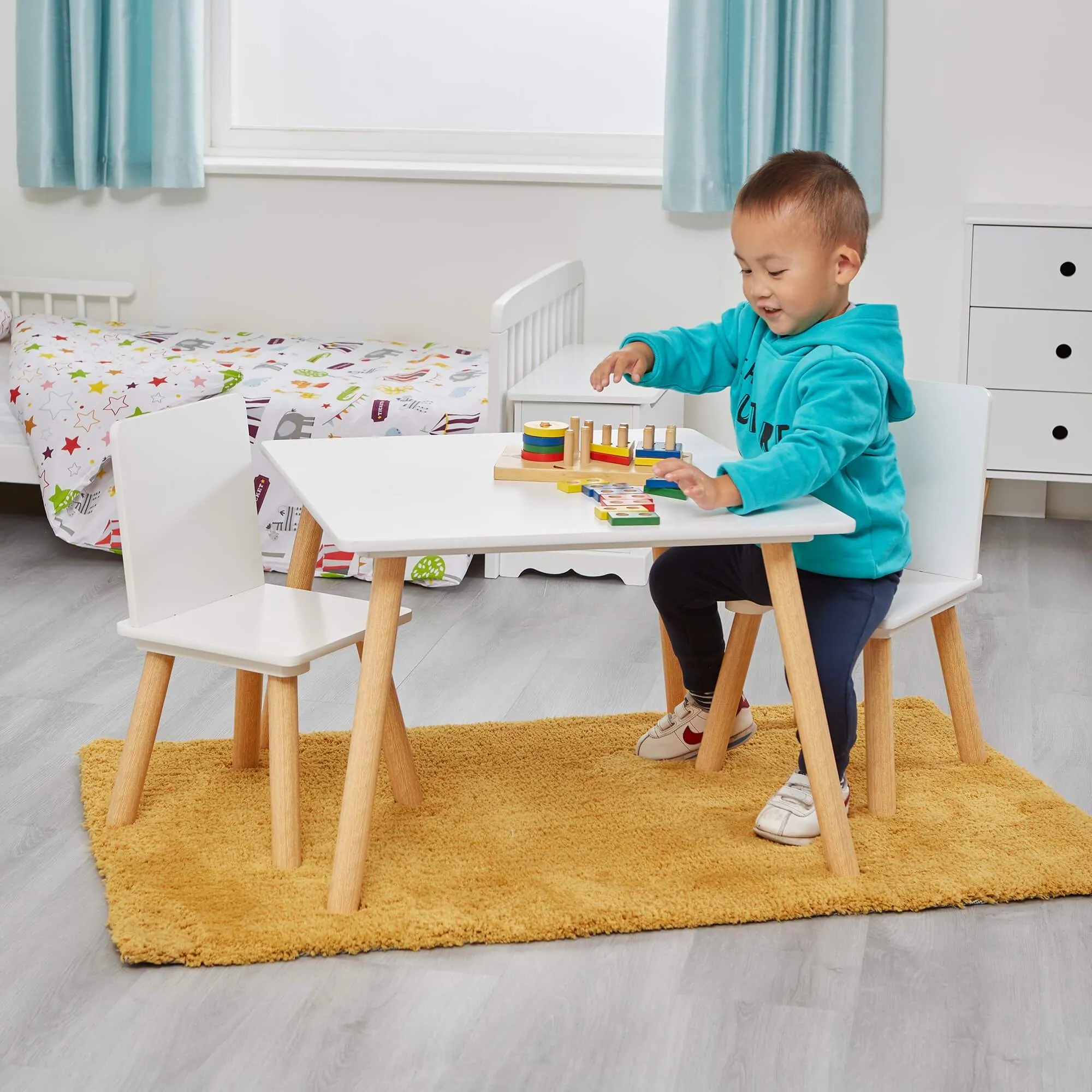 White & Pinewood Table & Chairs